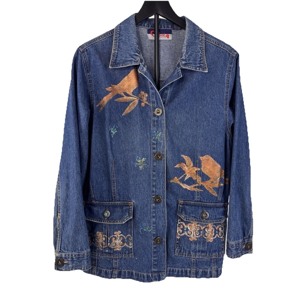 Mwah Jeans Denim Jacket Women 14/16W Blue Painted Birds Floral Cotton Button Up